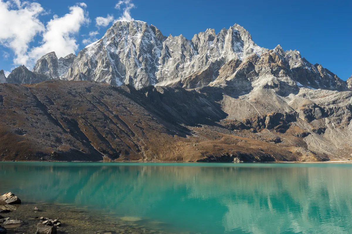 Turquoise Gokyo Lakes seen from helicopter