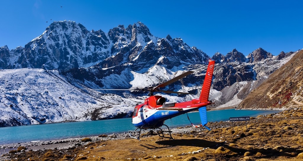 Aerial view of Gokyo Lakes and Kala Patthar on a combined helicopter tour