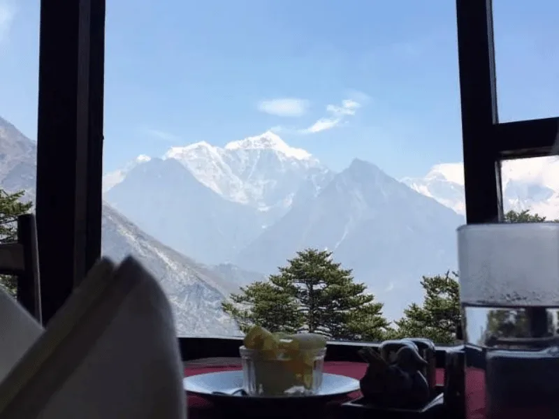 Breakfast terrace view of Mount Everest from Hotel Everest View